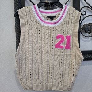 Forever 21 Beige Cable Knit Sweater Vest with Pink Accent